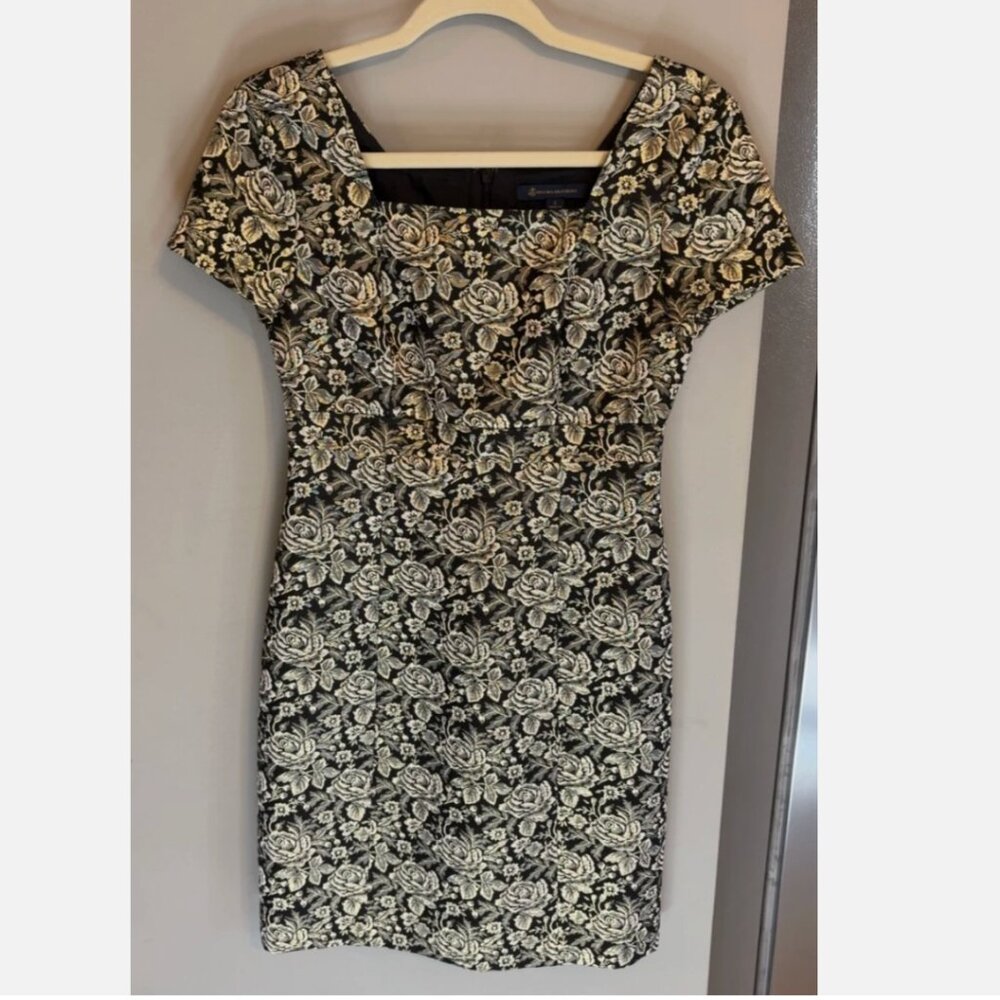 New Brooks Brothers Black & Gold Foil Metallic Jacquard Sheath Dress Size 2
